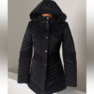 White House Black Market WKND Puffer M Coat with Leather and Lace accents